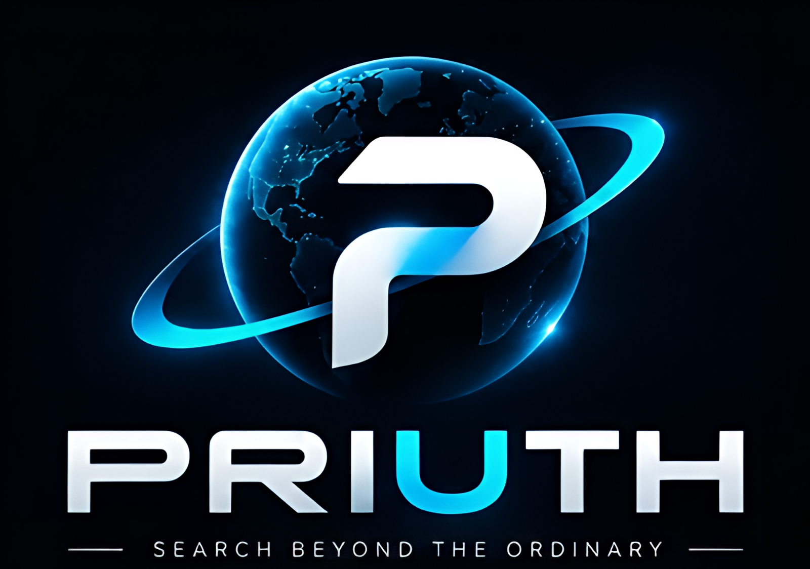 PRIUTH logo: a luminous blue globe and cyan orbit around a stylized P, with the PRIUTH wordmark and Search Beyond the Ordinary slogan
